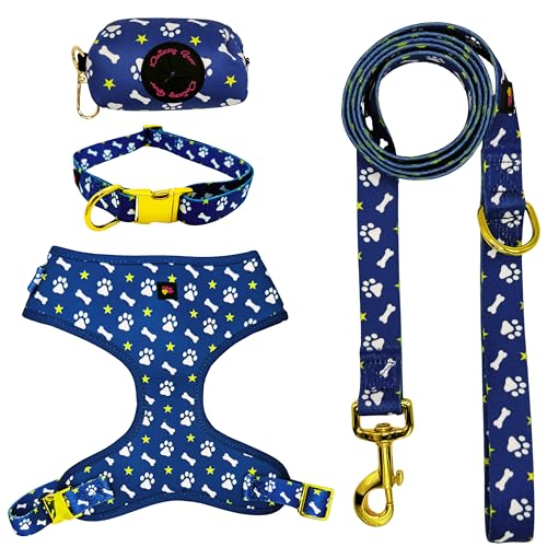 Daizzy Gear Niedliches Hundegeschirr-Set, kein Ziehen, einsteigen, weich und verstellbar, passendes Halsband, Geschirr und Leine, Set mit hochwertigem Zubehör und Kotbeutelhalter für kleine, von Daizzy Gear
