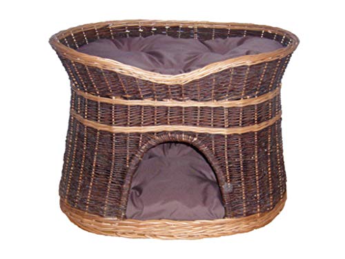 Katzenkorb zum Schlafen – Katzenhütte Indoor – Größe L: 60 cm oval – Katzenhöhle aus Weide – Zweistöckiger Hunde – oder Katzenbett mit waschbaren Kissen in Brown – Korb Farbe lackiert Weide von Damian-Wiklina