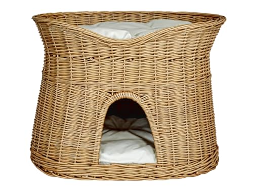 Katzenkorb zum Schlafen – Katzenhütte Indoor – Größe XL: 70 cm oval – Katzenhöhle aus Weide – Zweistöckiger Hunde – oder Katzenbett mit waschbaren Kissen in Ecru – Natürliche Korbfarbe von Damian-Wiklina