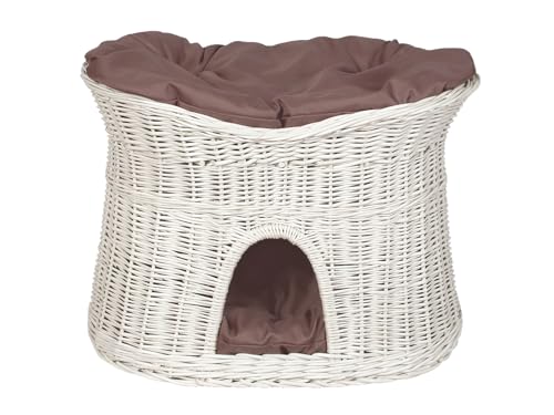 Damian-Wiklina Katzenkorb zum Schlafen – Katzenhütte Indoor – Größe XL: 70 cm oval – Katzenhöhle aus Weide – Zweistöckiger Hunde – oder Katzenbett mit waschbaren Kissen in Brown – Weiße korbfarbe von Damian-Wiklina