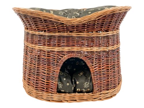 Katzenkorb zum Schlafen – Katzenhütte Indoor – Größe L: 60 cm oval – Katzenhöhle aus Weide – Zweistöckiger Hunde – oder Katzenbett mit waschbaren Kissen in Dunkelbraune – Lackierter Korb von Damian-Wiklina