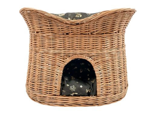 Katzenkorb zum Schlafen – Katzenhütte Indoor – Größe L: 60 cm oval – Katzenhöhle aus Weide – Zweistöckiger Hunde – oder Katzenbett mit waschbaren Kissen in Dunkelbraune – Natürliche Korbfarbe von Damian-Wiklina