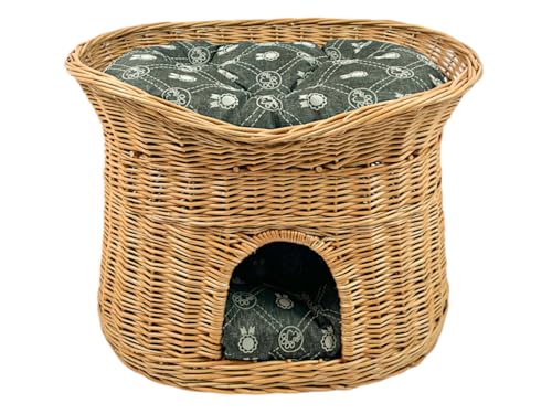 Katzenkorb zum Schlafen – Katzenhütte Indoor – Größe L: 60 cm oval – Katzenhöhle aus Weide – Zweistöckiger Hunde – oder Katzenbett mit waschbaren Kissen in Dunkelgraue – Natürliche Korbfarbe von Damian-Wiklina