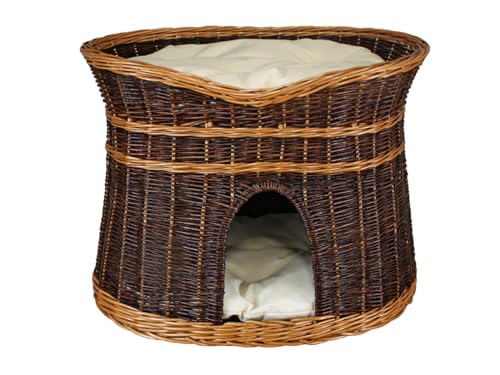 Katzenkorb zum Schlafen – Katzenhütte Indoor – Größe L: 60 cm oval – Katzenhöhle aus Weide – Zweistöckiger Hunde – oder Katzenbett mit waschbaren Kissen in Ecru – Lackierter Korb von Damian-Wiklina