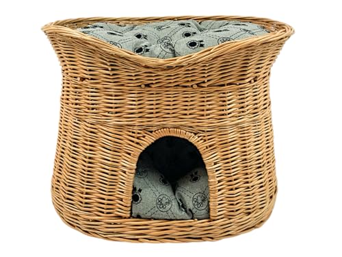 Katzenkorb zum Schlafen – Katzenhütte Indoor – Größe L: 60 cm oval – Katzenhöhle aus Weide – Zweistöckiger Hunde – oder Katzenbett mit waschbaren Kissen in Graue – Natürliche Korbfarbe von Damian-Wiklina