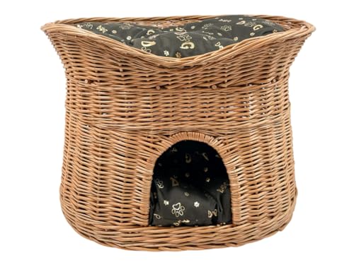 Katzenkorb zum Schlafen – Katzenhütte Indoor – Größe XL: 70 cm oval – Katzenhöhle aus Weide – Zweistöckiger Hunde – oder Katzenbett mit waschbaren Kissen in Dunkelbraune – Natürliche Korbfarbe von Damian-Wiklina