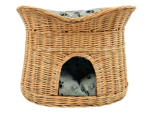 Katzenkorb zum Schlafen – Katzenhütte Indoor – Größe XL: 70 cm oval – Katzenhöhle aus Weide – Zweistöckiger Hunde – oder Katzenbett mit waschbaren Kissen in Graue – Natürliche Korbfarbe von Damian-Wiklina