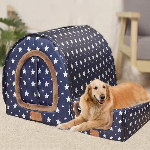 Danchen Große Hundehütte, waschbar, Angstlinderung, beruhigendes Hundebett mit orthopädischem Kissen, warm, weich, Katzenhöhle, 2-in-1-Hunde-Couch-Zelt (2XL für Haustiere unter 40 kg, blaue Sterne) von Danchen