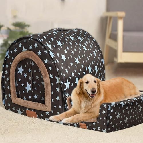 Danchen Große Hundehütte, waschbar, Angstlinderung, beruhigendes Hundebett mit orthopädischem Kissen, warm, weich, Katzenhöhle, 2-in-1-Hunde-Couch-Zelt (2XL für Haustiere unter 40 kg, dunkle Sterne) von Danchen