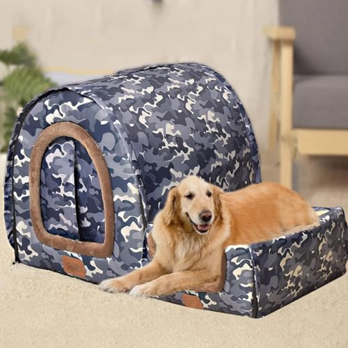 Danchen Große Hundehütte, waschbar, beruhigendes Hundebett mit orthopädischem Kissen, warm, weich, Katzenhöhle, 2-in-1-Hunde-Couch-Zelt (2XL für Haustiere unter 40 kg, blaue Tarnung) von Danchen