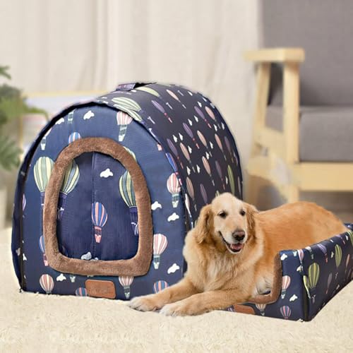 Danchen Große Hundehütte, waschbar, beruhigendes Hundebett mit orthopädischem Kissen, warm, weich, Katzenhöhle, 2-in-1-Hunde-Couch-Zelt (2XL für Haustiere unter 40 kg, blauer Ballon) von Danchen