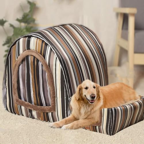 Danchen Große Hundehütte, waschbar, beruhigendes Hundebett mit orthopädischem Kissen, warm, weich, Katzenhöhle, 2-in-1-Hunde-Couch-Zelt (2XL für Haustiere unter 40 kg, braune Streifen) von Danchen