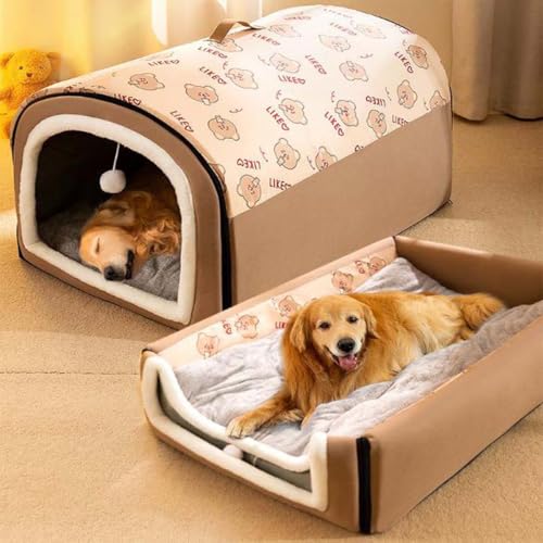 Danchen Hundehütte, 2-in-1 faltbares, großes Hundebett mit Anti-Angstzuständen, weiches, warmes Kissen, rutschfestes Iglu-Bett für Hunde, Welpen, Katzen, Kaninchen, abnehmbare, waschbare Haustierhöhle von Danchen