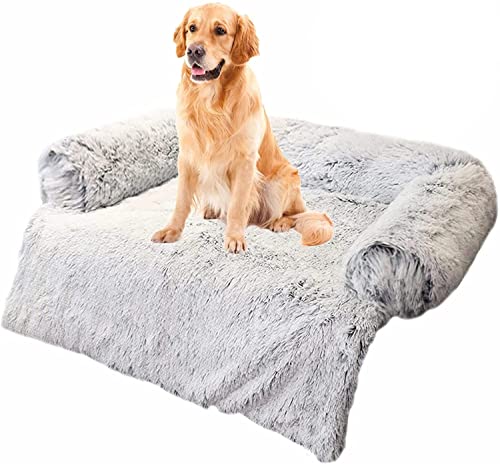 Danchen Komfortables Hundebett, ultraweiche Plüsch-Hundematte, Sofa, Angstlinderung, beruhigendes Hundekissen, waschbar, Möbelschutz, Haustierbett, Auto, Hundedecke, L90 x 90 x 20 cm, hellgrau von Danchen