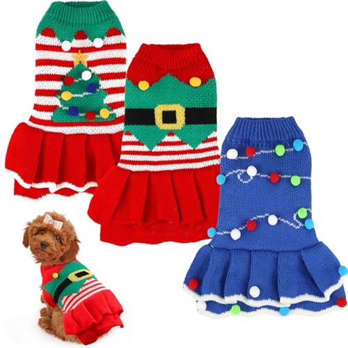 Dansydaisy 3-teiliges Weihnachts-Hundepullover für kleine Hunde, warm, für den Winter, Weihnachtspullover, Weihnachtskleid, Outfit für Dackel, Chihuahua, Malteser, Mädchen, Größe M von Dansydaisy