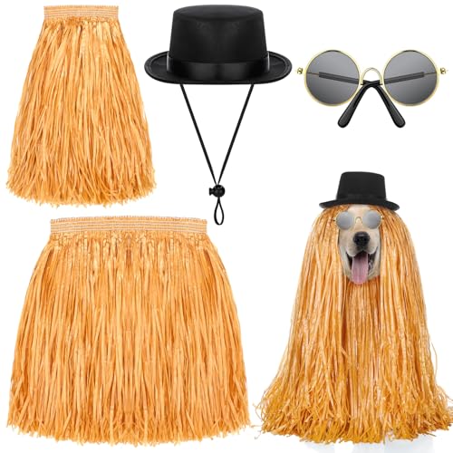 Dansydaisy 4-teiliges Luau-Hula-Rock-Set mit Sonnenbrille, Hut, Set mit 2 Hula-Rock, UV-Schutz, runde Sonnenbrille, Bowler-Hut, Halloween-Kostüm, Zubehör für Hunde und Katzen von Dansydaisy