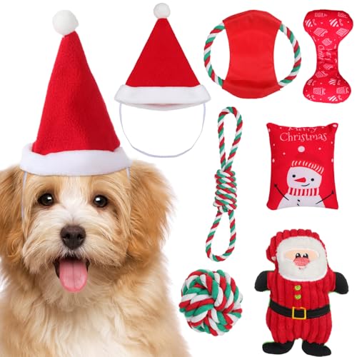 Dansydaisy 7-teiliges Weihnachts-Hundespielzeug für kleine Hunde, inklusive 1 Weihnachtsmütze, 3 quietschende Plüsch-Spielzeuge und 3 Hundespielzeuge für Hunde, Weihnachten, drinnen und draußen von Dansydaisy