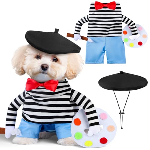 Dansydaisy Halloween-Künstler-Hundekostüm mit lustigem Hut, Maler, Haustierkleidung, französischer Künstler, Hundekostüm, T-Shirt, Jeans, Beanie, Baskenmütze, Krawatten, für Halloween, Cosplay, von Dansydaisy