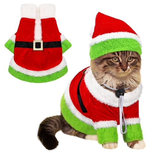 Dansydaisy Weihnachtskatzenkostüm, niedliches Katzen-Weihnachts-Outfit, Weihnachtsfigur, rot/grün, Kleidung, Urlaub, lustiges Haustierkostüm, Cosplay-Outfit, Partyzubehör, Größe L von Dansydaisy