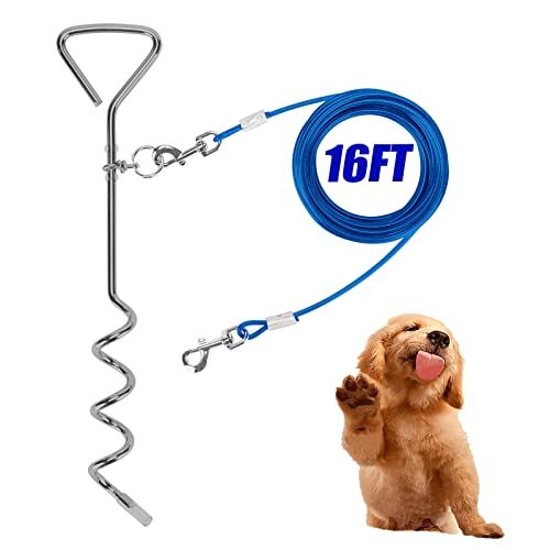 Dog Stake Tie Out Cable and Reflective Stake 16 ft Outdoor, Yard and Camping, for Medium to Large Dogs Up to 125 lbs(Blue,18" Stake, 16 ft Cable) von Darkyazi