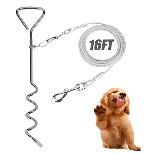 Dog Stake Tie Out Cable and Reflective Stake 16 ft Outdoor, Yard and Camping, for Medium to Large Dogs Up to 125 lbs (16ft Cable, 18" Stake, Silver) von Darkyazi