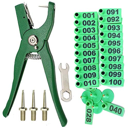 Daweglop Livestock Tier Ohr Tag Zangen mit Nummer 001-100 Ohr Tags und 3 Pins zum Anbringen Von Ohr Marken für Rinderschaf Schweine von Daweglop