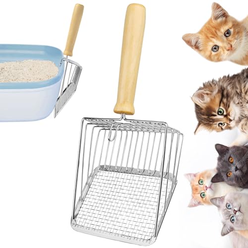 Dawumin Katzenklo Schaufel, Katzenstreuschaufel Metall, Katzenschaufel mit Holzgriff, Streuschaufel Katzenklo, Zweizonen-Lochabstand 5mm und 10mm, Cat Litter Scoop, Katzenstreu Schaufel für Katzenklo von Dawumin