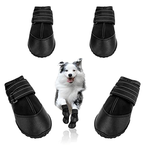 DcOaGt Hundestiefel, wasserdichte Hundeschuhe für kleine, mittelgroße und große Welpen, mit reflektierenden Riemen, rutschfeste Sohle, Pfotenschutzstiefel für Winter, Schnee, Regen, Wandern, Schwarz, von DcOaGt