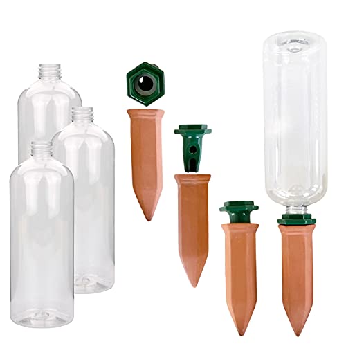 Pflanzenbewässerung | Tonkegel inklusive Adapter und PET Flaschen 750 ml | Bewässerungsspikes für optimale Bewässerung | 4er-Set | Wasserspender | Ideal für die Abwesenheit während des Urlaubs von De-Plastik