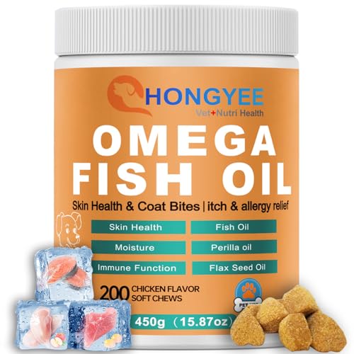 Skin & Coat Omega 3 für Hunde & Katzen gegen Juckreiz im Leckerliformat, für gesunde Haut & glänzendes Fell – L-Threonin, DHA, EPA, Zink, VE, Perillaöl, Leinöl, Fischöl - 200 leckere Snacks (450g) von DeBangsi