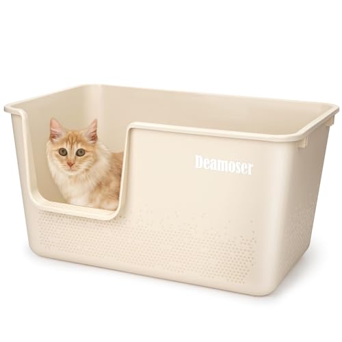 Extra große hochseitige Katzentoilette, 62,2 cm L x 40,6 cm B x 33 cm H, Jumbo-Katzentoilette für große Katzen, Haushalt, spritzwassergeschützt, hohe Wand, Beige von Deamoser