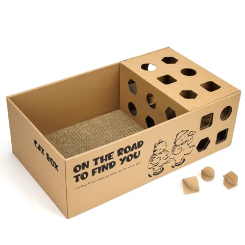 Kratzbox aus Karton mit 2 nachfüllbaren doppelseitigen Kratzpads aus Karton, 3-in-1-Multifunktionales Papierball-Spielzeug-Sortiment, recycelbarer Katzenkratzer aus Karton für Hauskatzen. von Deamoser