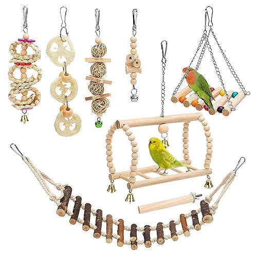 Deautie 8pcs Wellensittich Spielzeug, Papageienspielzeug Vogelspielzeug, Papageienspielzeug, Vogelkäfig Zubehör, Spielzeug Für Nymphensittiche, Vögel, Kauen, Naturholz, Hängematte, Glocke, Vogelkäfig von Deautie