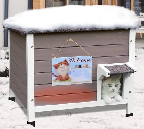 Deblue 100% Isolierte Katzenhäuser für Katzen im Freien, wetterfestes Feral Katzenhaus mit umlaufendem Schaumstoff, Katzenhaus aus Holz für mehrere Katzen - Grau von Deblue