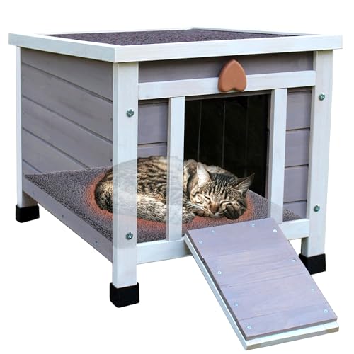 Deblue Katzenhaus Outdoor mit Selbstwärmender Matte, Katzenhaus aus Holz für Wildkatzen, Wetterfeste Haustierhäuser für Streunende Katzen, Kaninchen, Welpen, Schildkröte (Graues Haus mit Matte) von Deblue