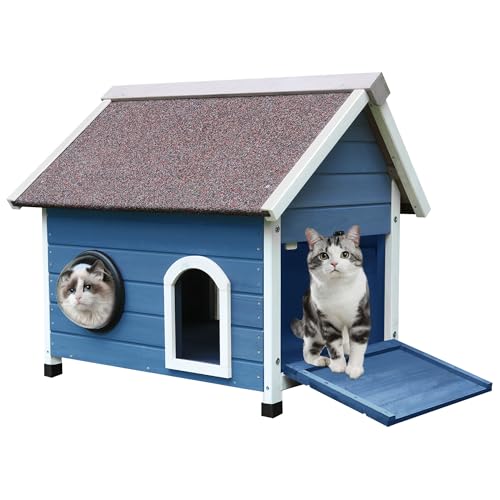 Deblue Wetterfestes Katzenhaus für Wildkatzen, großes Katzenhaus für Katzen im Freien, einzigartiger Katzenunterstand aus Holz mit Fluchttür, klarem Fenster und Dachboden, Blau von Deblue