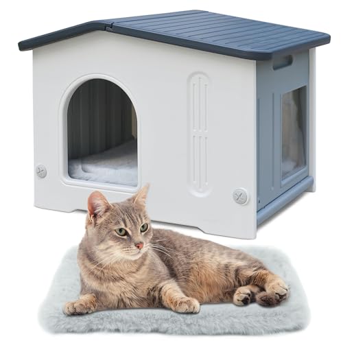 Katzenhaus aus Kunststoff, wetterfest, für den Innen- und Außenbereich, Wildkatzenhaus mit Fluchttür und weicher Matte, Katzenhaus für draußen für kleines Haustier, geräumig, leicht zu montieren - von Deblue