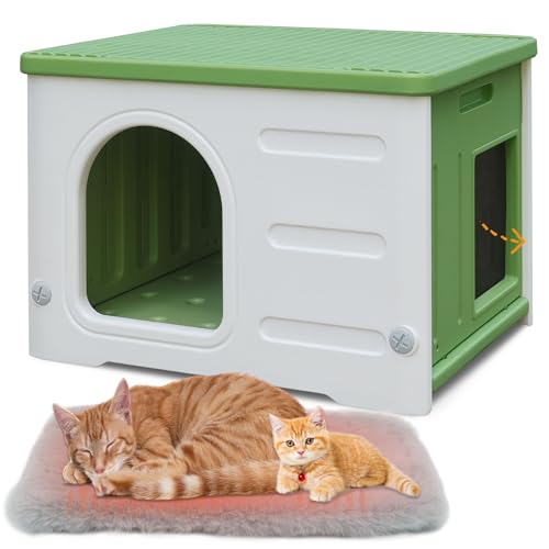 Wasserdichtes Katzenhaus für Katzen im Freien, Kunststoff Feral Katzenhaus mit Fluchttür und weicher Matte, großes Indoor-Katzenhaus für mehrere Katzen - Grün von Deblue