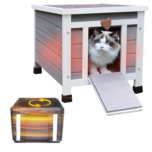 Wetterfestes Katzenhaus für Outdoor-Katzen im Winter, 100 % rundum isolierter Outdoor-Katzenunterstand mit warmem Futter für Wildkatzen, Welpen, Kaninchen und kleine Haustiere, Grau mit warmem Futter von Deblue