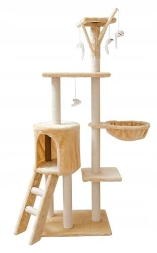 Deccart - Kratzbaum 138 cm hoch - Katzenbaum mit Kratzsäulen - Kletterbaum mit Sisalstämmen - Katzenhaus mit Hängematte Höhle und Spielzeug - Beige von Deccart