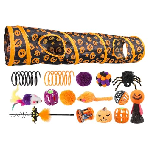 Decorhome Haustier-Katzentunnelröhre, Katzenspielzeug-Set mit Tunnel | Halloween Peekaboo Katzenhöhle mit Katzenspielzeug | Aktivitätscenter mit Kürbismuster für Kleintiere, Kätzchen und Katzen von Decorhome