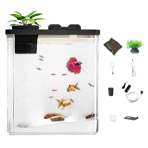 Decorhome Tisch-Aquarium – Kleines Aquarium Mit Luftpumpe Und Umgebungslicht | Modernes Acryl-Aquarium Mit Künstlichen Blumen Für Die Tischdekoration | Ultratransparentes Rahmenloses Aquarium Für Bett von Decorhome