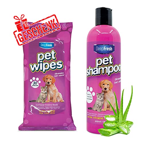 Deepfresh Hundeshampoo und Katzenshampoo mit Aloe Vera, Gegen Geruch - 500 ml Rückfettendes Shampoo für alle Hunderassen und Felltypen mit Pflegetücher von DeepFresh