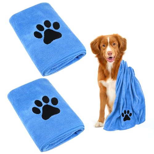 Hundehandtuch, 2 Stück Hundehandtuch Extra Saugfähig für Hunde Und Katzen, Blau Schnelltrocknend Haustier Mikrofaser Handtücher, Hunde Handtuch für Katzen, Hunde Oder Andere Haustiere (75 x 35 cm) von Deepton