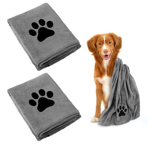 Hundehandtuch, 2 Stück Hundehandtuch Extra Saugfähig für Hunde Und Katzen, Grau Schnelltrocknend Haustier Mikrofaser Handtücher, 75 x 35 cm Hunde Handtuch für Katzen, Hunde Oder Andere Haustiere von Deepton