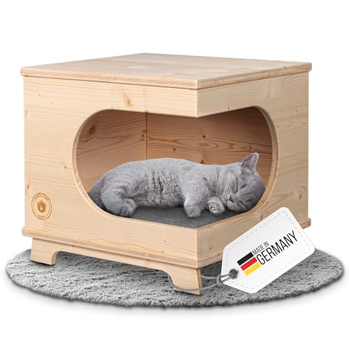 Deerke Living Quality Katzenhaus aus Echtholz | Handgefertigt in Deutschland | Indoor Katzenhöhle mit Polster in grau | Nachhaltiges und hochwertiges Katzenbett | 41x41x37cm von Deerke Living Quality