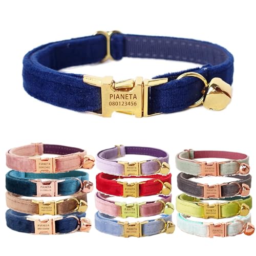 Defgeph Katzenhalsband, personalisierbar mit Namen und Glöckchen, maßgeschneiderte Samthalsbänder für Welpen, Kätzchen (S (15,2 cm - 25,4 cm), Marineblau von Defgeph