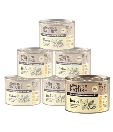 Dehner Fine Nature Hundefutter, Nassfutter in Lebensmittelqualität, für ausgewachsene Hunde, Huhn, 6 x 200 g Dose (1.2 kg) von Dehner