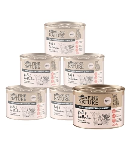 Dehner Fine Nature Katzenfutter, Nassfutter getreidefrei, für ausgewachsene Katzen, Kalb / Truthahn, 6 x 200 g Dose (1.2 kg) von Dehner