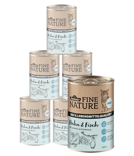 Dehner Fine Nature Katzenfutter, Nassfutter getreidefrei, für ausgewachsene Katzen, Huhn / Fisch, 6 x 400 g Dose (2.4 kg) von Dehner